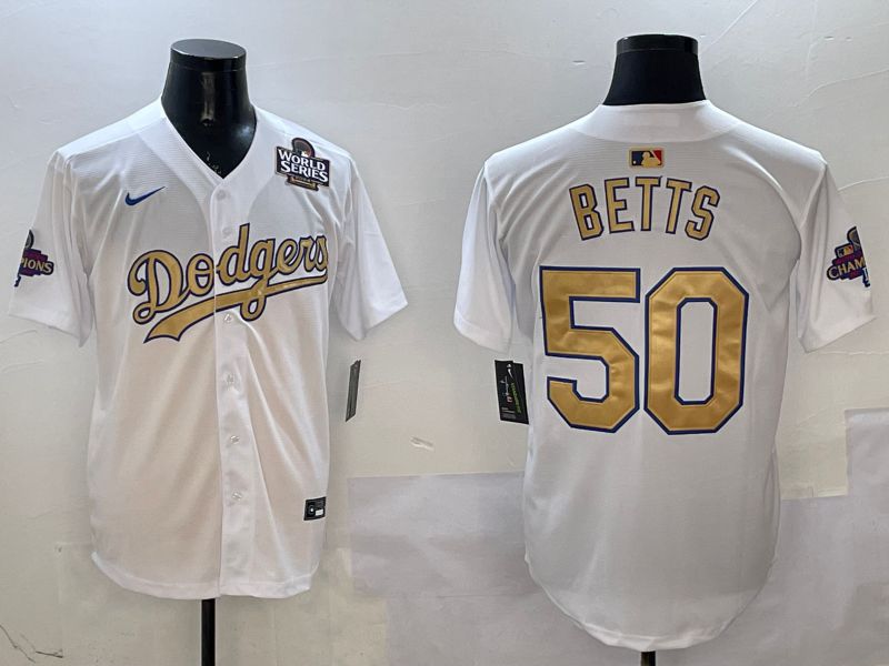 Men Los Angeles Dodgers 50 Betts White Champion gold character 2025 Nike MLB Jersey style 8